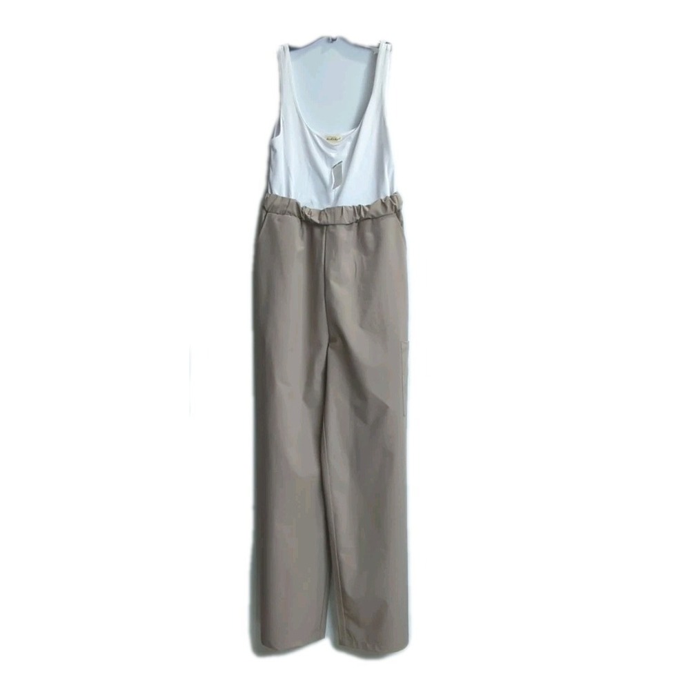 NWT Derek Heart Romper Women's Sleeveless  White Top Khaki Pants One Piece Sz‎ L